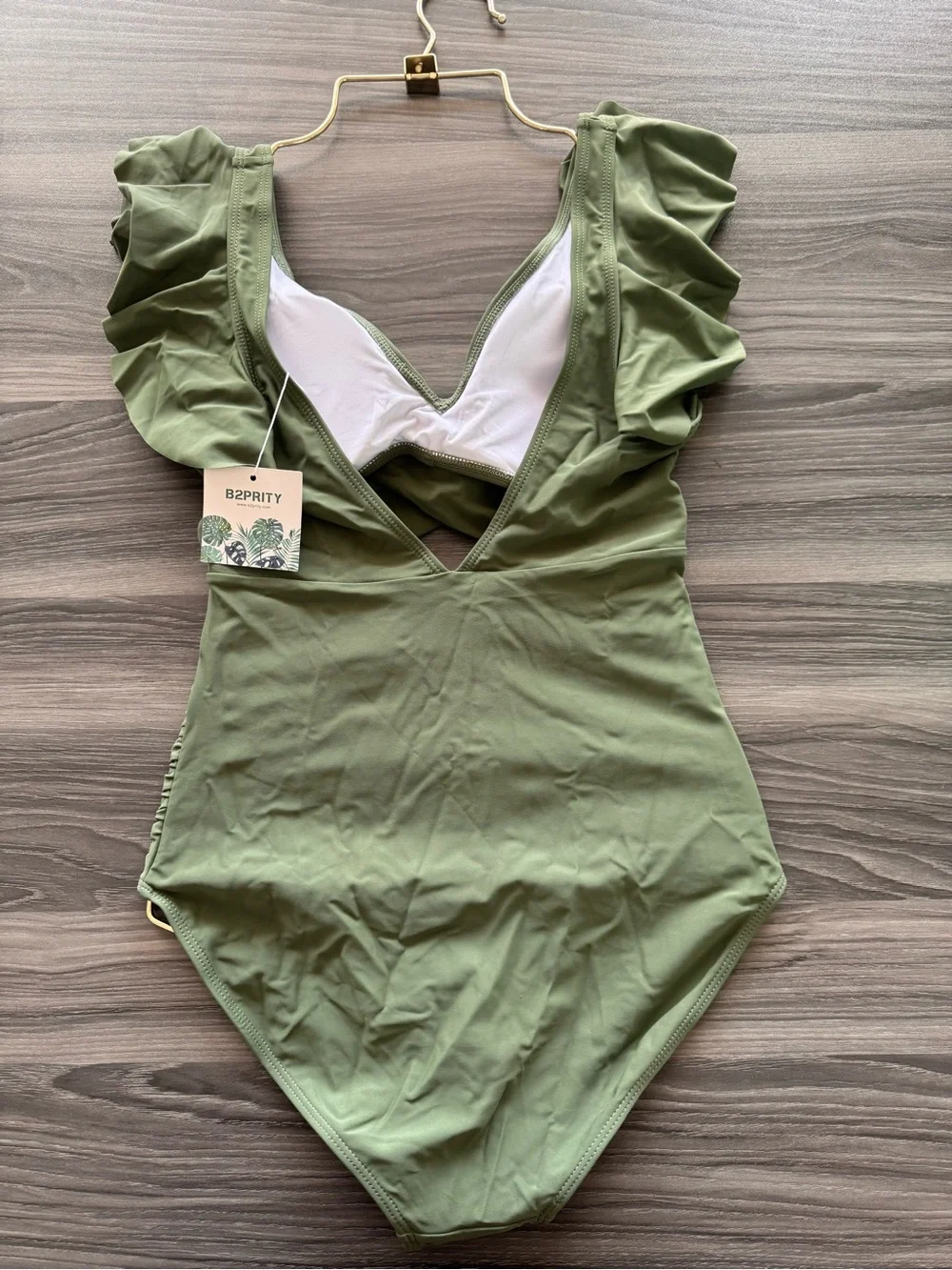 Women’s Olive Green Ruffle-Shoulder One-Piece Swimsuit by